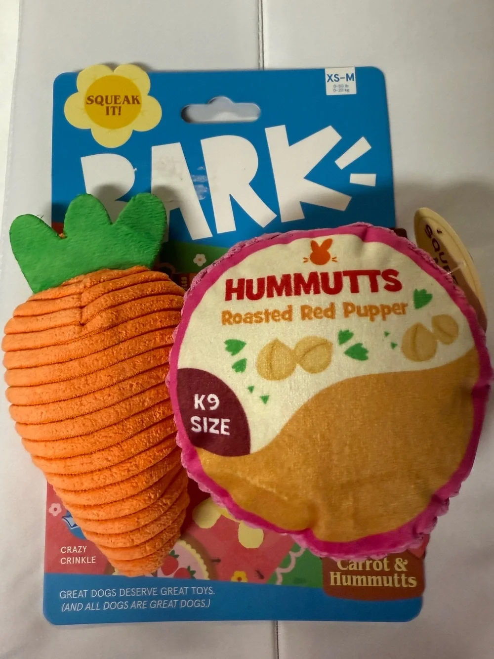 Bark Dog Chew Toy Squeaky Hummus Carrot Crinkle XS Small Med Pups Gift NWT